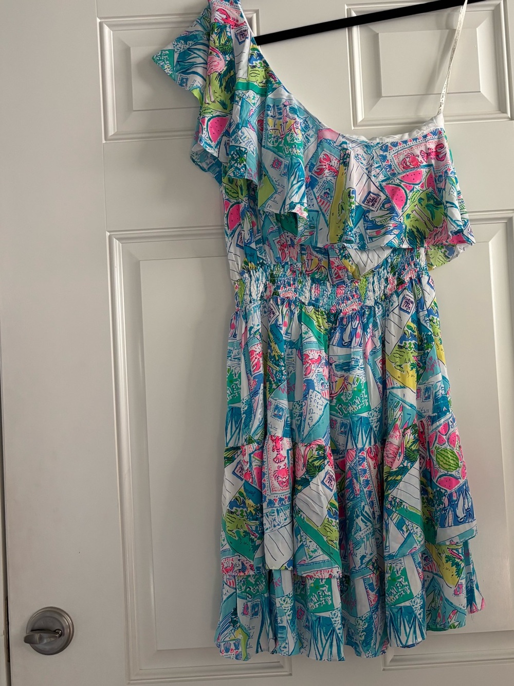 #017 One-Shoulder Ruffle Sundress in Pink, Blue & Green